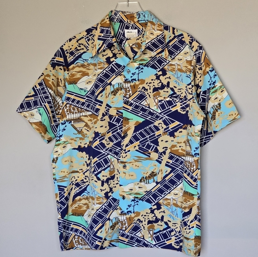 Vintage 70s Tori Richard Hawaiian Novelty Print Resort Vacation Camp Shirt XL